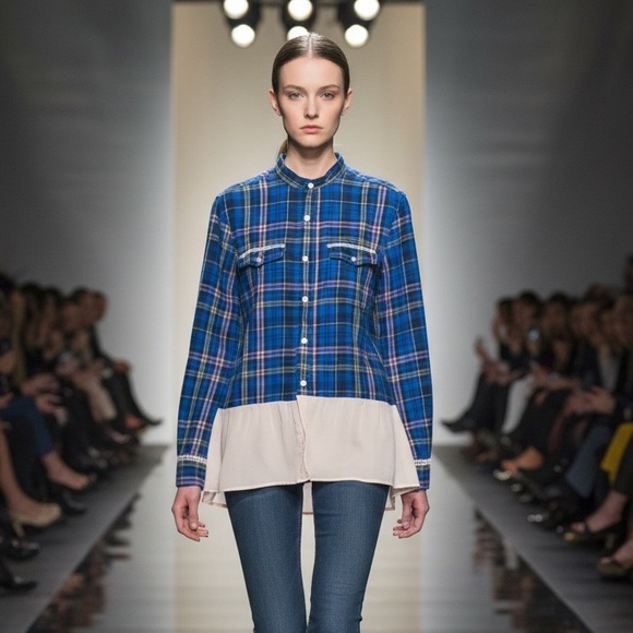 Womens Blue Plaid Button-Up Top with Blush Accents - Picture 4 of 4